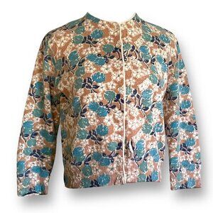 Vintage 1950s Sidney Gould Womens Cardigan Sz S Tan Blue White Floral Print Wool